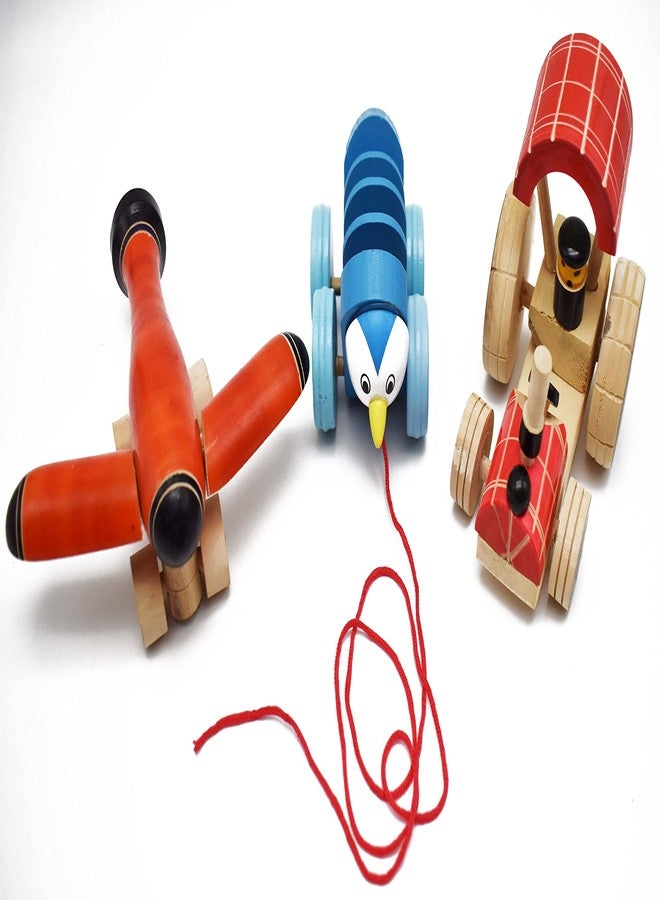justhandmade Just Handmade Wooden Caterpillar | Aeroplane | Tractor Pull Along Toy for Kids, Colors May Vary (Combo of 3) - Image 1